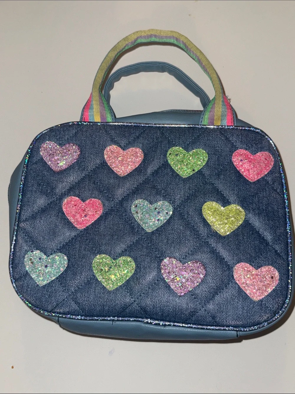 OMG Accessories Sparkle Heart Denim Lunch Bag - Blue with Multicolor Hearts